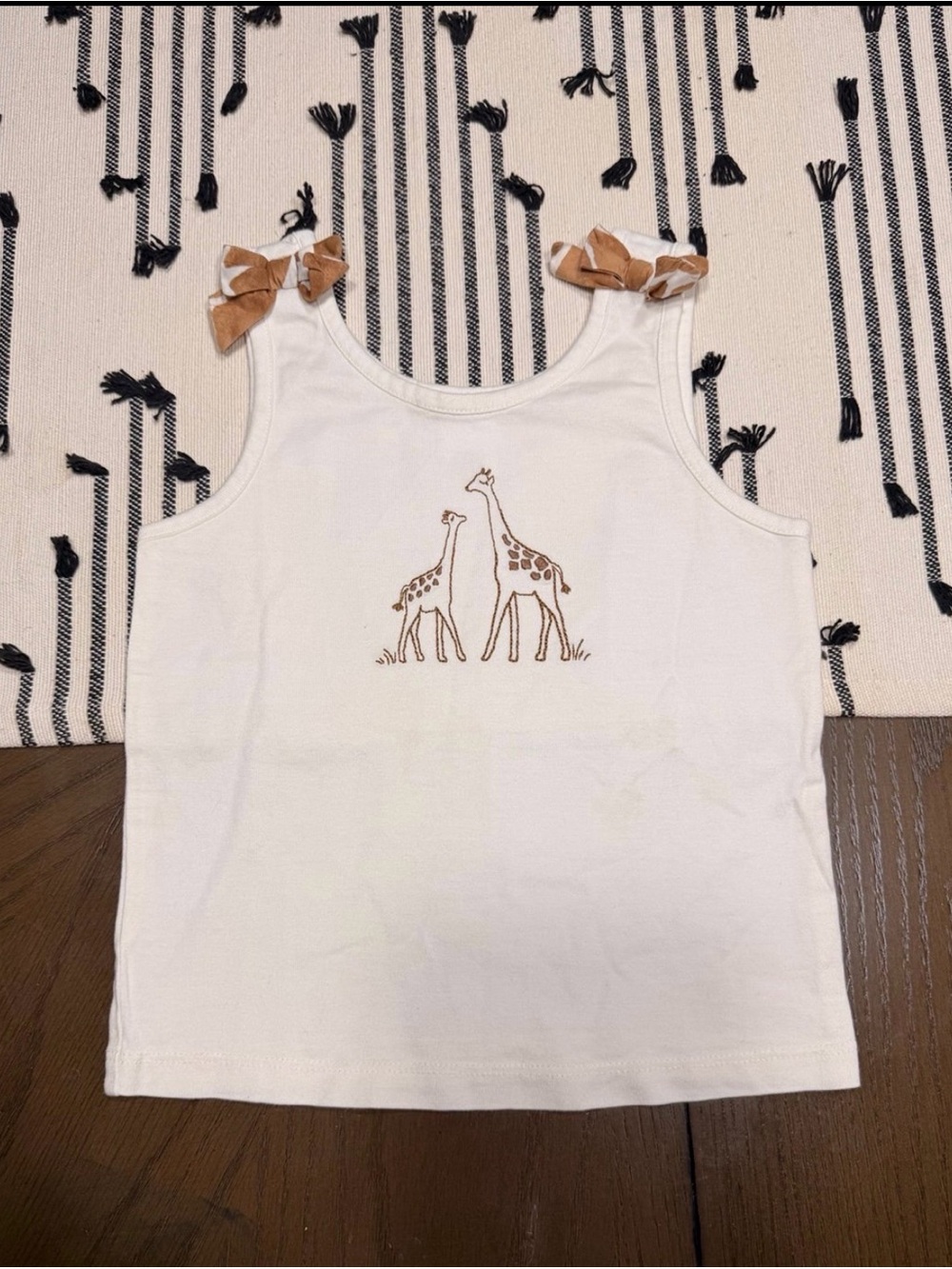 Janie and Jack White Tank Top with Brown Giraffe Embroidery and Bow Straps